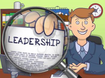 Leadership. Businessman in Office Holds Out a through Magnifier Paper with Text. Colored Doodle Style Illustration.