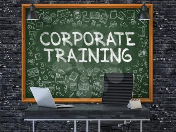 Corporate Training - Hand Drawn on Green Chalkboard in Modern Office Workplace. Illustration with Doodle Design Elements. 3D.