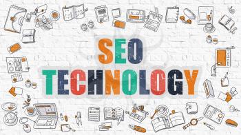 SEO - Search Engine Optimization - Technology Concept. Modern Line Style Illustration. Multicolor SEO - Search Engine Optimization - Technology Drawn on White Brick Wall. Doodle Icons. 