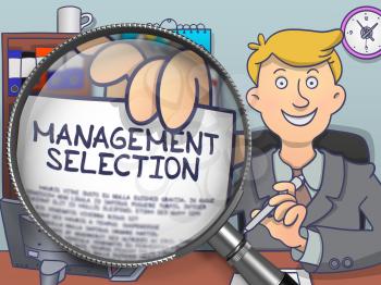 Officeman Holding a Paper with Concept Management Selection. Closeup View through Magnifier. Multicolor Doodle Style Illustration.