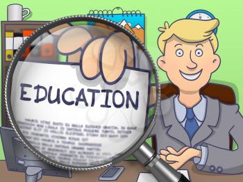 Education. Man Sitting in Office and Showing Concept on Paper through Magnifier. Multicolor Doodle Style Illustration.