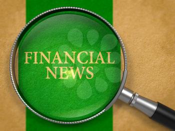Financial News Concept through Magnifier on Old Paper with Green Vertical Line Background. 3D Render.