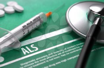 ALS - Medical Concept on Green Background with Blurred Text and Composition of Pills, Syringe and Stethoscope. 3D Render.