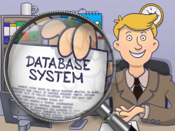 Database System. Business Man Showing a Paper with Concept through Lens. Colored Doodle Style Illustration.