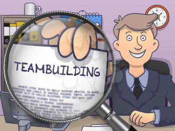 Teambuilding. Man Showing Paper with Concept through Lens. Colored Modern Line Illustration in Doodle Style.