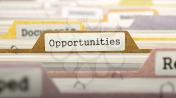 Opportunities Concept on File Label in Multicolor Card Index. Closeup View. Selective Focus. 3D Render.