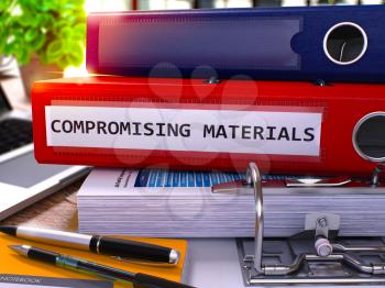 Compromising Materials - Red Office Folder on Background of Working Table with Stationery and Laptop. Compromising Materials Business Concept on Blurred Background. 3D Render.