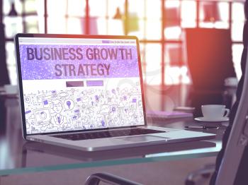 Business Growth Strategy - Closeup Landing Page in Doodle Design Style on Laptop Screen. On Background of Comfortable Working Place in Modern Office. Toned, Blurred Image. 3D Render.