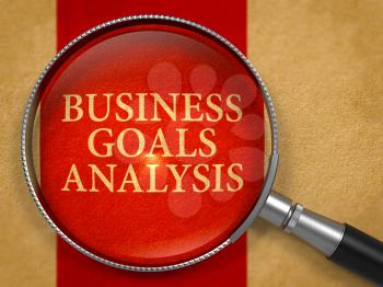 Business Goals Analysis Concept through Magnifier on Old Paper with Crimson Vertical Line Background. 3D Render.