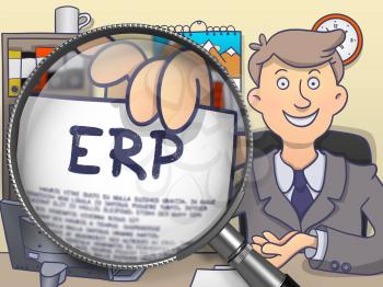 ERP - Enterprise Resource Planning - through Magnifier. Businessman Showing a Concept on Paper. Closeup View. Multicolor Doodle Illustration.