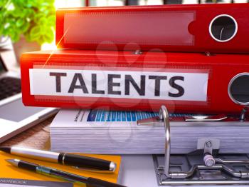 Talents - Red Office Folder on Background of Working Table with Stationery and Laptop. Talents Business Concept on Blurred Background. Talents Toned Image. 3D.
