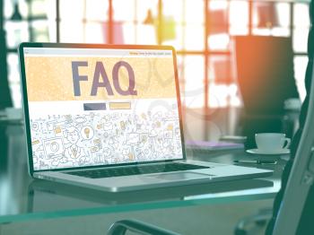 FAQ - Frequently Ask Question - Closeup Landing Page in Doodle Design Style on Laptop Screen. On Background of Comfortable Working Place in Modern Office. Toned, Blurred Image. 3D Render. 