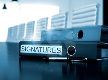Ring Binder with Inscription Signatures on Black Working Desk. Signatures - Folder on Black Wooden Desk. 3D Render.