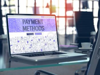 Payment Methods Concept. Closeup Landing Page on Laptop Screen in Doodle Design Style. On Background of Comfortable Working Place in Modern Office. Blurred, Toned Image. 3D Render.