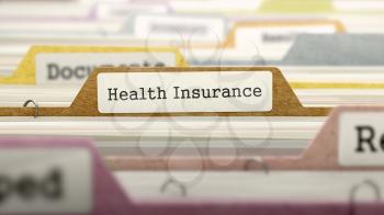 Folder in Colored Catalog Marked as Health Insurance Closeup View. Selective Focus. 3D Render.