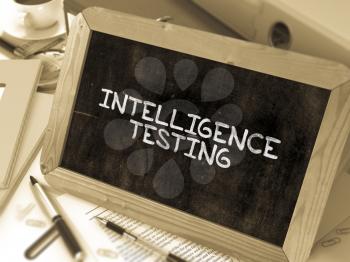 Intelligence Testing - Chalkboard with Hand Drawn Text, Stack of Office Folders, Stationery, Reports on Blurred Background. Toned Image. 3D Render.