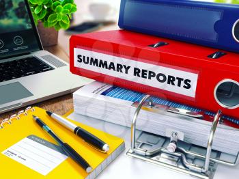 Summary Reports - Red Ring Binder on Office Desktop with Office Supplies and Modern Laptop. Business Concept on Blurred Background. Toned Illustration. 3D Render.