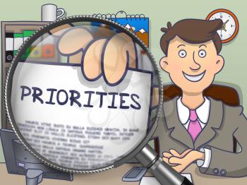 Priorities on Paper in Businessman's Hand to Illustrate a Business Concept. Closeup View View through Magnifier. Multicolor Doodle Style Illustration.
