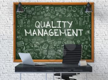 Quality Management - Handwritten Inscription by Chalk on Green Chalkboard with Doodle Icons Around. Business Concept in the Interior of a Modern Office on the White Brick Wall Background. 3D.
