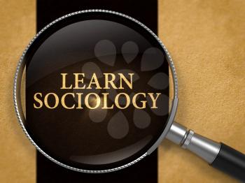 Learn Sociology through Loupe on Old Paper with Black Vertical Line Background. 3D Render.