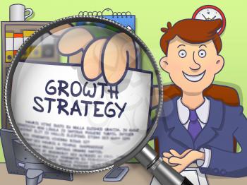 Growth Strategy through Lens. Business Man Holding a Paper with Concept. Closeup View. Multicolor Doodle Style Illustration.