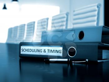 Binder with Inscription Scheduling & Timing on Desk. Scheduling & Timing. Business Illustration on Blurred Background. 3D.