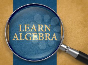 Learn Algebra Concept through Magnifier on Old Paper with Dark Blue Vertical Line Background. 3D Render.