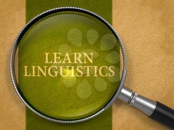 Learn Linguistics through Magnifying Glass on Old Paper with Dark Green Vertical Line Background. 3D Render.