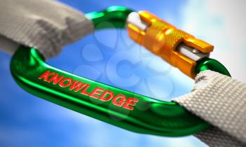 Green Carabiner between White Ropes on Sky Background, Symbolizing the Knowledge. Selective Focus. 3D Render.