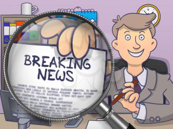 Business Man Welcomes in Office and Shows Text on Paper -Breaking News. Closeup View through Magnifying Glass. Multicolor Modern Line Illustration in Doodle Style.