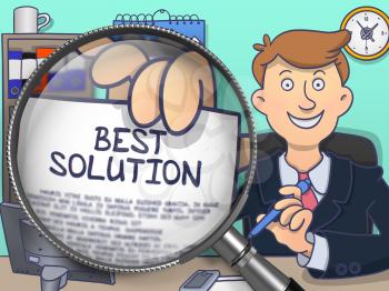Man Holding a Paper with Concept - Best Solution. Closeup View through Magnifier. Multicolor Doodle Style Illustration.