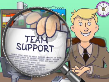 Team Support through Lens. Business Man Showing a Paper with Text. Closeup View. Multicolor Doodle Illustration.