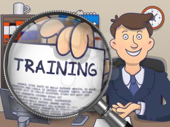 Training. Paper with Inscription in Officeman's Hand through Lens. Multicolor Modern Line Illustration in Doodle Style.