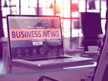 Business News Concept. Closeup Landing Page on Laptop Screen  on background of Comfortable Working Place in Modern Office. Blurred, Toned Image. 3D Render.
