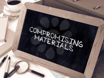 Compromising Materials Concept Hand Drawn on Chalkboard on Working Table Background. Blurred Background. Toned Image. 3D Render.