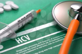 HCV - - Hepatitis C Virus - Printed Diagnosis on Green Background and Medical Composition - Stethoscope, Pills and Syringe. Medical Concept. Blurred Image. 3D Render.