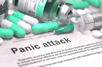 Panic Attack - Printed Diagnosis with Mint Green Pills, Injections and Syringe. Medical Concept with Selective Focus. 3D Render.