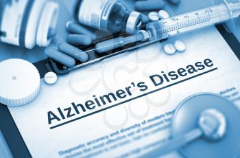 Alzheimer's Disease - Medical Report with Composition of Medicaments - Pills, Injections and Syringe. 3D. Toned Image.
