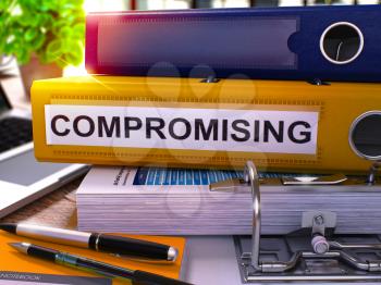 Compromising - Yellow Office Folder on Background of Working Table with Stationery and Laptop. Compromising Business Concept on Blurred Background. Compromising Toned Image. 3D.