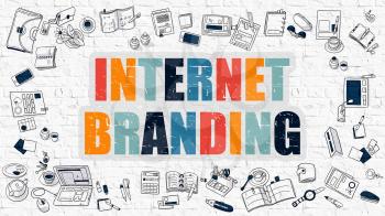 Internet Branding Concept. Modern Line Style Illustration. Multicolor Internet Branding Drawn on White Brick Wall. Doodle Icons. Doodle Design Style of Internet Branding Concept.