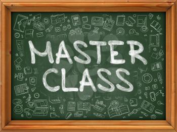 Master Class Concept. Line Style Illustration. Master Class Handwritten on Green Chalkboard with Doodle Icons Around. Doodle Design Style of  Master Class.