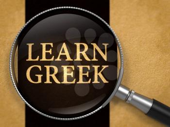 Learn Greek through Lens on Old Paper with Black Vertical Line Background. 3D Render.