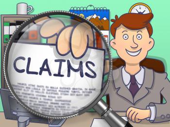 Claims Concept. Officeman Shows Paper with Text Claims. Closeup View through Magnifier. Colored Modern Line Illustration in Doodle Style.