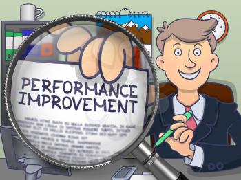 Performance Improvement. Text on Paper in Man's Hand through Magnifying Glass. Multicolor Modern Line Illustration in Doodle Style.