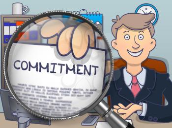 Commitment. Man Holds Out a Paper with Text Commitment through Lens. Multicolor Modern Line Illustration in Doodle Style.