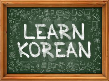 Green Chalkboard with Hand Drawn Learn Korean with Doodle Icons Around. Line Style Illustration.