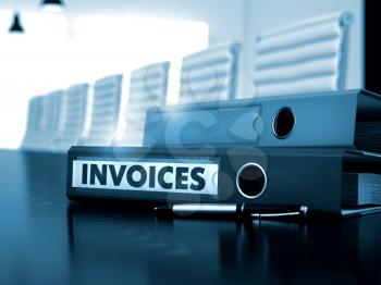 Invoices - Business Concept on Blurred Background. Invoices - File Folder on Wooden Table. Invoices. Illustration on Blurred Background. 3D.