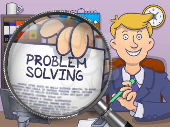Business Man in Suit Looking at Camera and Shows Paper with Inscription Problem Solving through Magnifier. Closeup View. Colored Modern Line Illustration in Doodle Style.