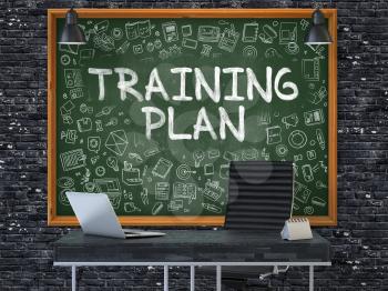 Hand Drawn Training Plan on Green Chalkboard. Modern Office Interior. Dark Brick Wall Background. Business Concept with Doodle Style Elements. 3D.