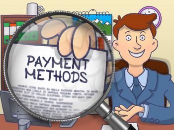 Payment Methods on Paper in Businessman's Hand through Magnifying Glass to Illustrate a Business Concept. Colored Doodle Style Illustration.